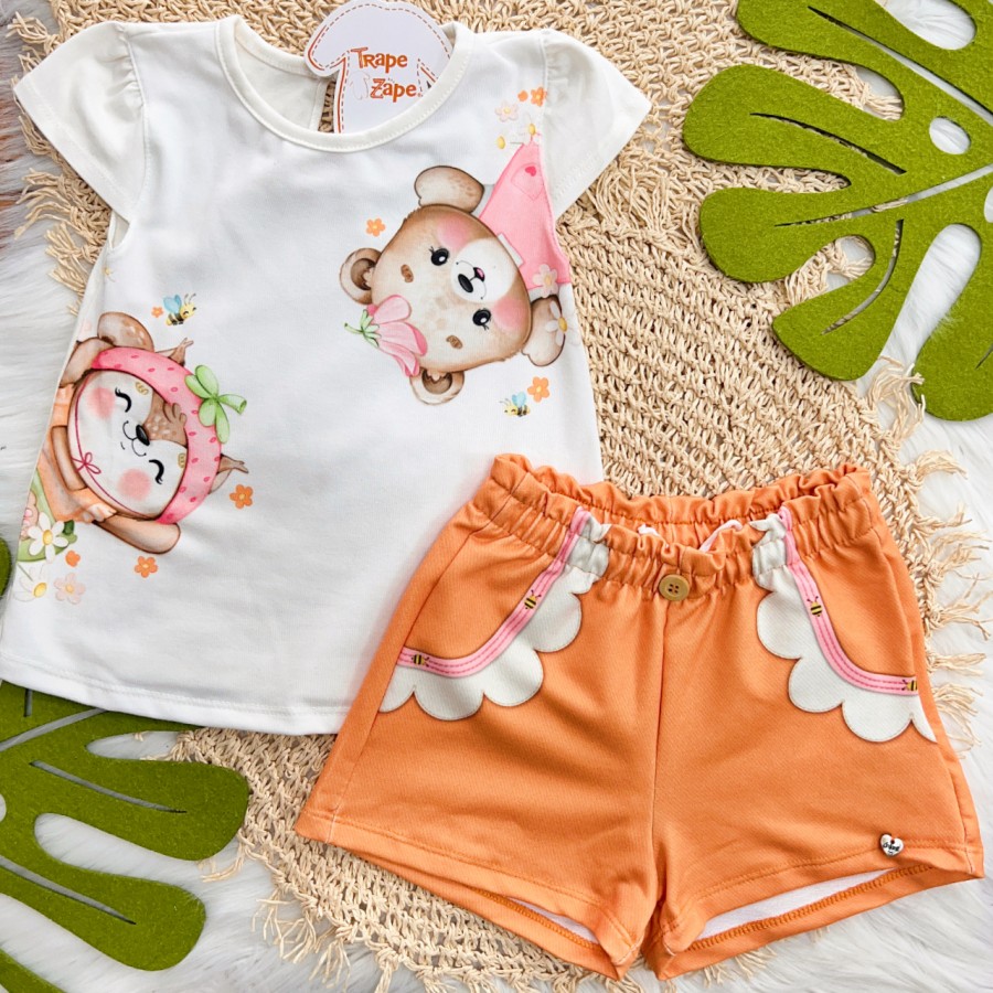 Conj. Blusa Ursinha e Raposinha com Short Laranja - Off White